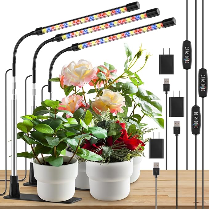 Grow Lights for Indoor Plants, Full Spectrum LED Plant Lights with Base, Adjustable Height 6.5"-26", 10 Dimmable Levels, Auto Timer 3/9/12H, Desk Grow Lamps for Indoor Growing (3 Pack)