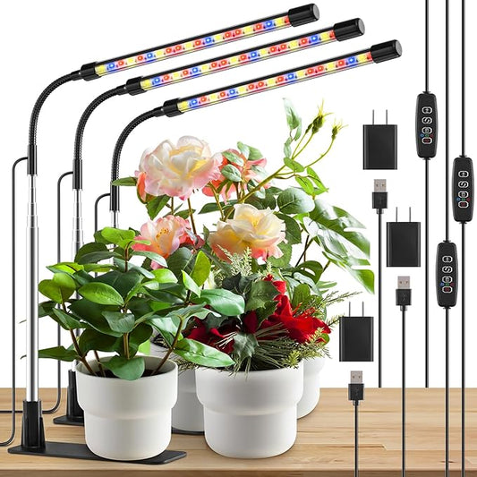 Grow Lights for Indoor Plants, Full Spectrum LED Plant Lights with Base, Adjustable Height 6.5"-26", 10 Dimmable Levels, Auto Timer 3/9/12H, Desk Grow Lamps for Indoor Growing (3 Pack)