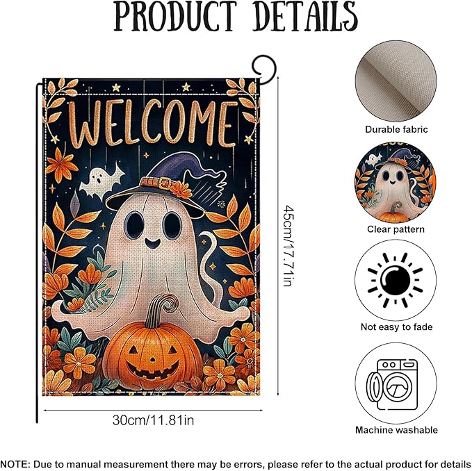 Halloween Garden Flag 12 x 18 Inch Double Sided Ghost Pumpkin Designs Fall Autumn Burlap Yard Flag for Outside Rustic Yard Outdoor Holiday Home Decoration