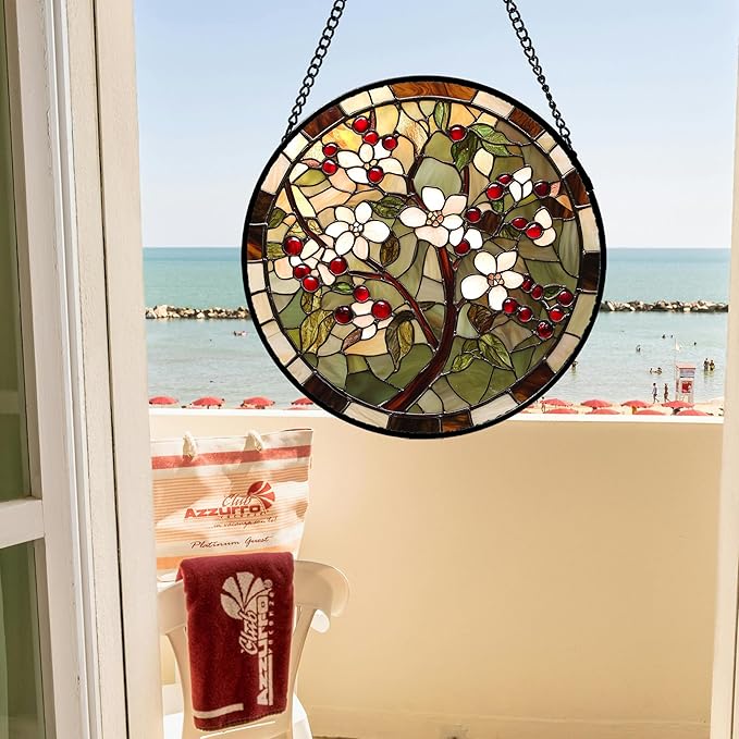 CRIS GIF Stained Glass Window Hanging - Hawthorn Tree Birth Flowers Suncatcher for Doors Garden Patio Sun Catchers Decor Christmas Mother's Day Birthday Gifts for Women Men Mom Nana Friend 11.8 in