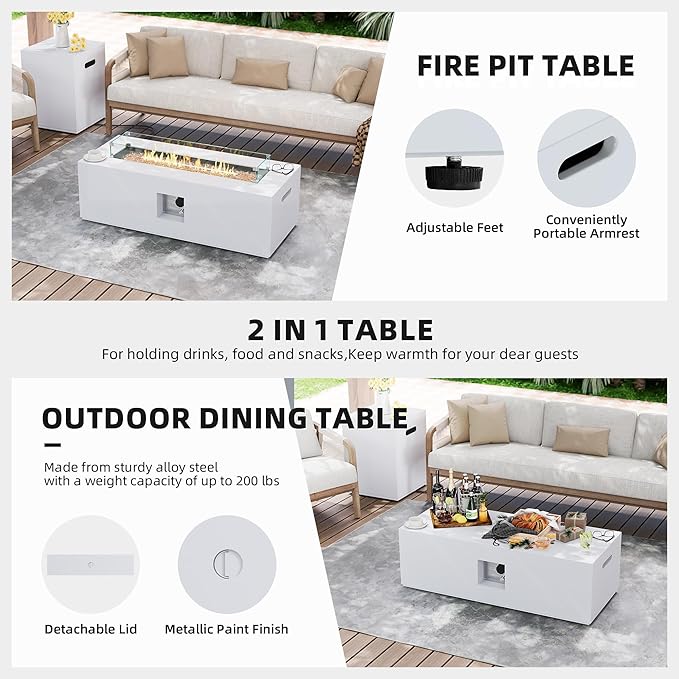 UPHA 42-inch Outdoor Propane Gas Fire Pit Table 50000 BTU Iron Rectangle Firepit for Outside Patio with Tank Hidden Table, Wind Guard, Removable Lid, Gold Glass Rocks, Rain Cover, White