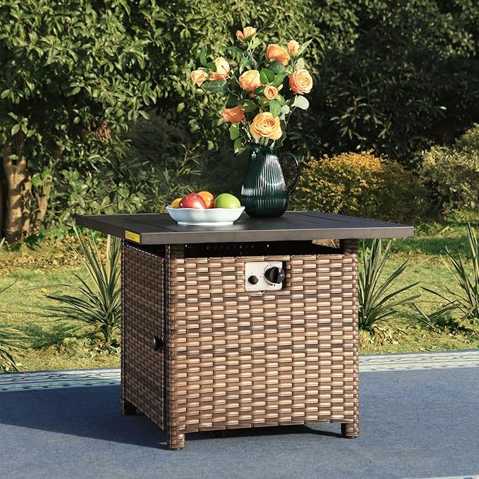 Sophia & William 32 Inch Gas Fire Pit Table Outdoor Rattan Propane Fire Table & Fireplace with Fire Glass, Lid, 50,000 BTU Firepits for Outside Patio