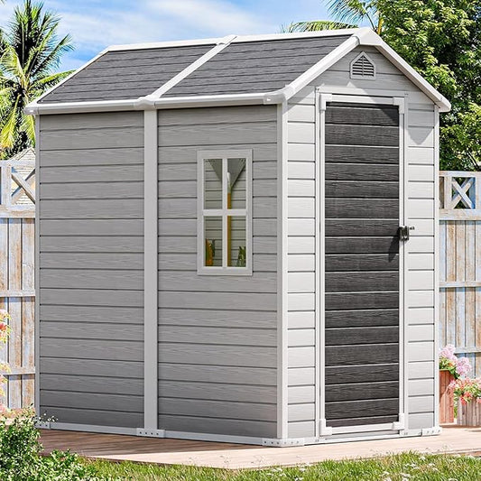 Resin Storage Shed 6 x 4 FT: Outdoor Resin Sheds with Floor, Plastic Waterproof Patio Outdoor Storage Shed with Lockable Door & Windows,Tool Sshed Storage for Garden Backyard Patio Lawn, Gray