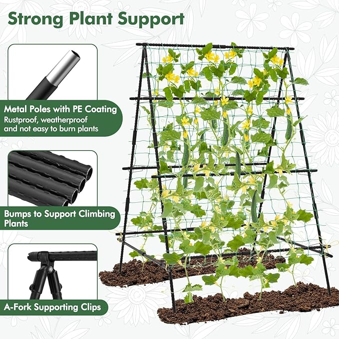 Garden Trellis for Climbing Plants Outdoor, A Frame Plant Trellis with Climbing Net, Coated Metal Poles, Twisted & Clips, Grape Trellis Plant Support for Vines, Vegetables, Fruit & Flower