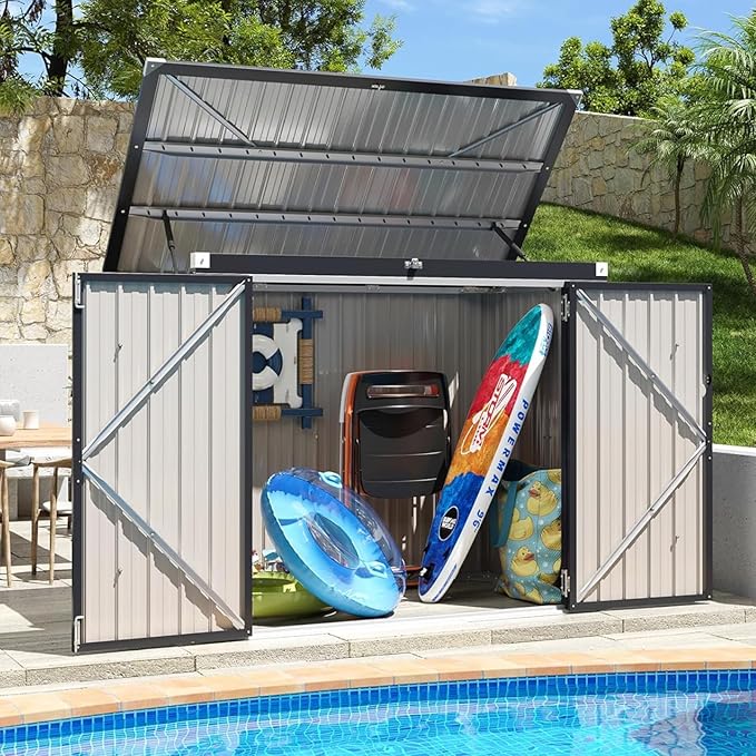 80 Cu. Ft Outdoor Trash Can Shed with Pneumatic Support Rod, 5x3 Ft Outdoor Storage Shed w/Lockable Doors & Waterproof Lid Chain, for Patio/Garden/Backyard