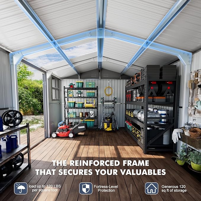 12x10 FT Metal Shed Heavy-Duty with Floor Kit, Outdoor Storage Garden Sheds with Reinforced Steel Frame & Customizable Skylight, Weatherproof Galvanized Tool Tiny House for Backyard, Patio, and Lawn