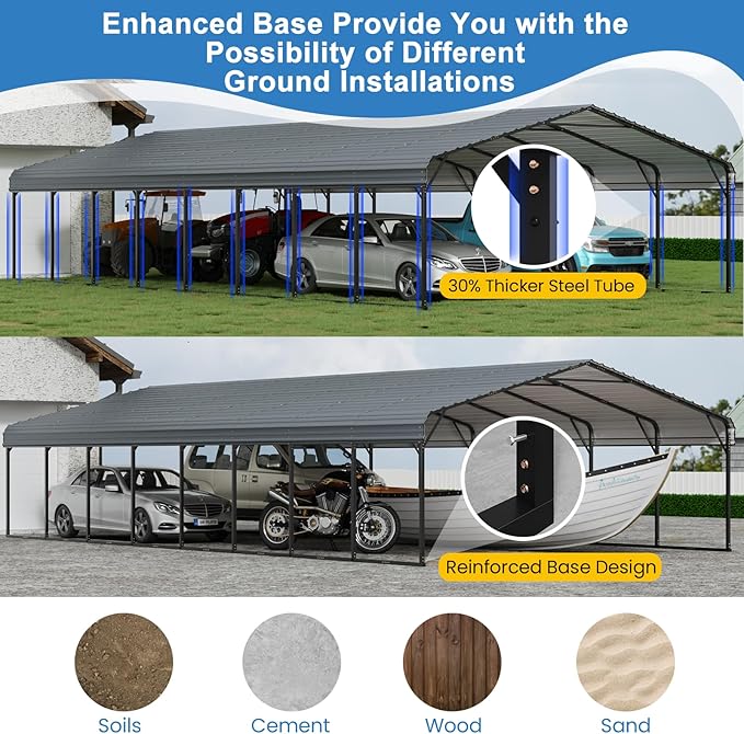 YOLENY Carport 20x40 FT, Heavy Duty Carport for Garage, Car Shelter with Galvanized Metal Roof and Frame, Easy to Install Outdoor Car Canopy, Expanding Garage Space for Pickup, 2 Cars, Gray