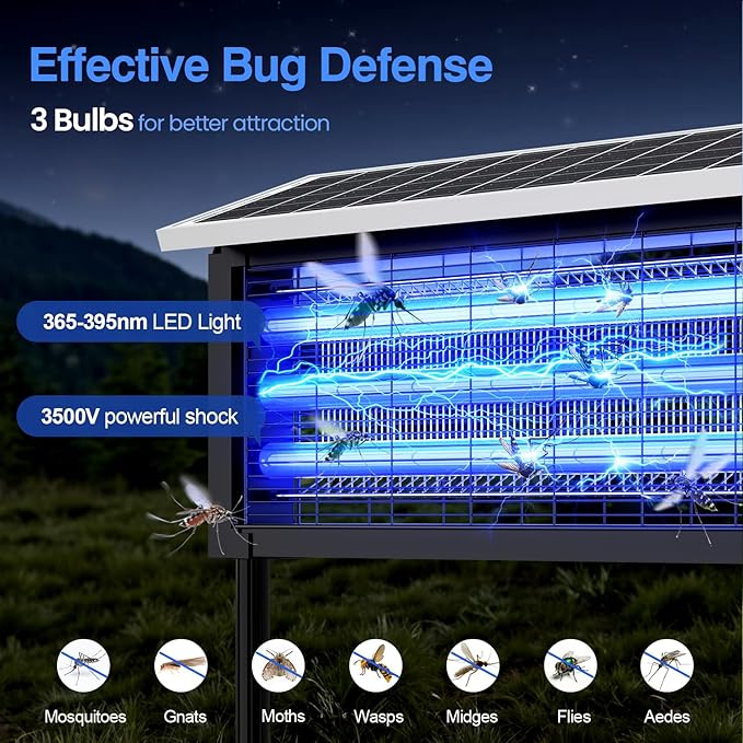 Solar Bug Zapper Outdoor, 30W Large Mosquito Zapper, Electric Mosquito Killer Outdoor, Waterproof & Portable Fly Killer, Rechargeable Flying Insect Trap for Patio, Yard, Garden, Home, Camping, Black