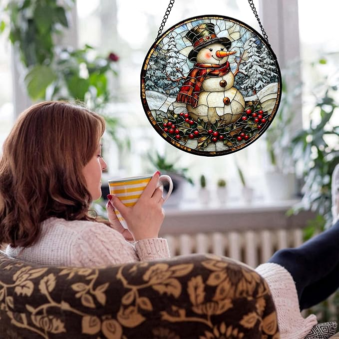 Stained Glass Window Hanging - Christmas Snowman Suncatcher for Door Terrace Garden Home Decor Winter Forest Snow Sun Catcher Birthday Gifts for Lovers Women Men Dad Mom Nana 6.3 in