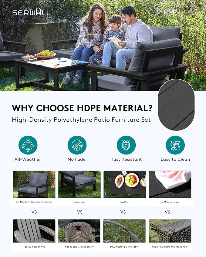 SERWALL HDPE Patio Conversation Set, 6-Piece Sectional Outdoor Furniture Set, All Weather Outdoor Couch Set Patio Furniture Set for Deck, Lawn, Black Frame with Grey Cushion