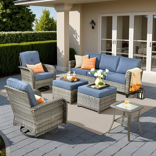 HOOOWOOO Outdoor Patio Furniture Set,6 Pieces Wicker Conversation Set,All Weather Couch Set with Swivel Chairs Ottoman Side Table 7 Seaters for Out Door Yard(Denim Blue)