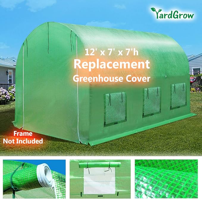 YardGrow Greenhouse Replacement Cover Larger Walk in Outdoor Plant Gardening Greenhouse (Frame Does NOT Included) (Green, 12'x7'x7')