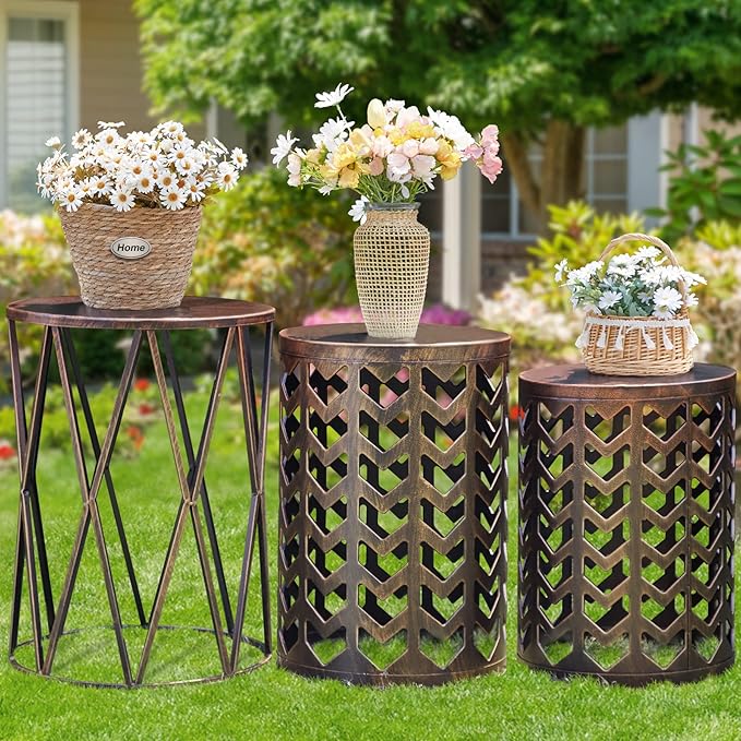 HFHOME Set of 3 Metal Side End Tables Nightstand, Multifunctional Nesting Round Coffee Table for Indoor, Heavy Duty Plant Stand Outdoor - Black with Bronze Prush (Ship from US)