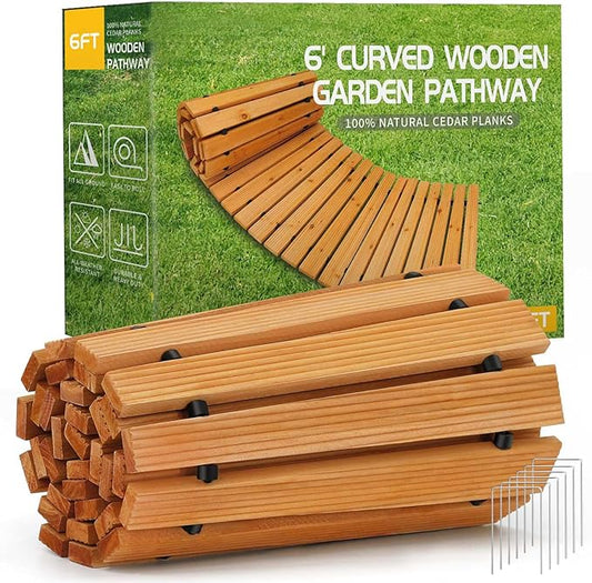 RELIANCER 6' Wooden Garden Pathway,Outdoor Roll Out Cedar Curved Walkway,Patio Path Decorative Garden Boardwalk Walkways,Weather-Resistant Roll Up Beach Wood Road Floor,Wedding Party Pathways