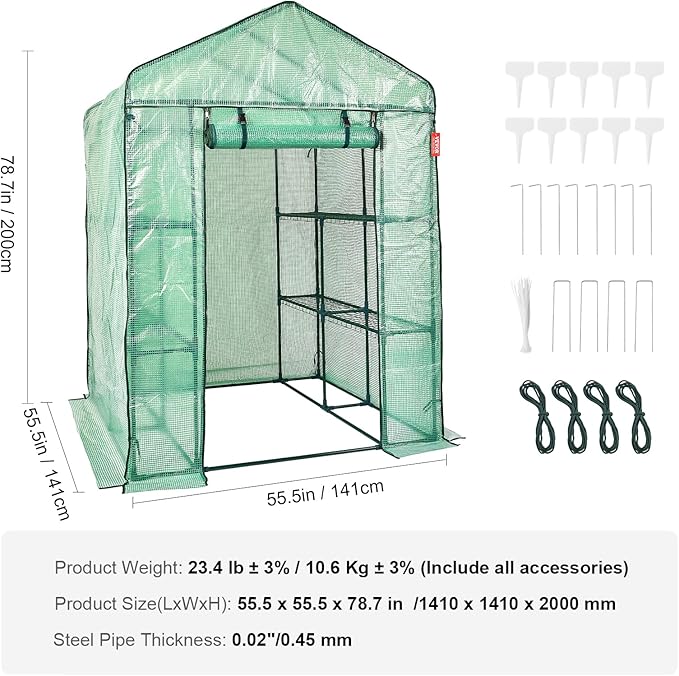 VEVOR Walk-in Green House, 55.5 x 55.5 x 78.7 inch, Portable Greenhouse with Shelves, High Strength PE Cover with Roll-up Zipper Door and Steel Frame, Set Up in Minutes, for Planting and Storage