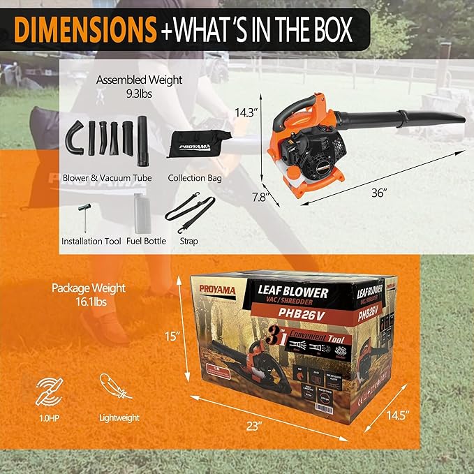 PROYAMA Gas Powered Leaf Blower, 3-in-1 26cc 2-Cycle Handheld Leaf Blower & Leaf Vacuum Mulcher, 412 CFM 200 MPH Cordless Blower with 10 Gallon Collection Bag for Lawn Yard Blowing Snow Dust Debris