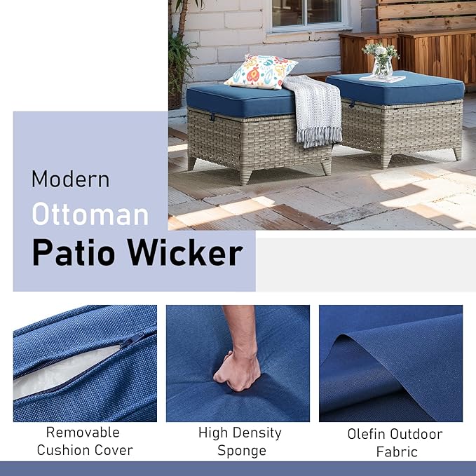 Wicker Outdoor Conversation Set-6 Pieces Outdoor Wicker High Back Couch with Swivel Rocker Chairs Patio Furniture for Deck Poolside Backyard-Light Grey/Blue