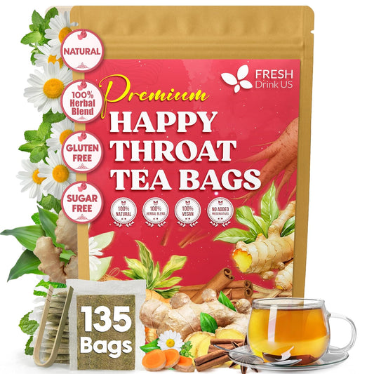 Premium Happy Throat Herbal Tea – 135 Bags Of Supper Tea Blend: Marshmallow Root, Slippery Elm & Ginger – Dry & Sore Throat Relief – Caffeine-Free, No Honey, No Citrus – No Sugar