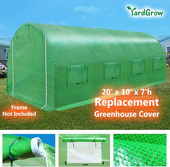 YardGrow Greenhouse Replacement Cover Larger Walk in Outdoor Plant Gardening Greenhouse (Frame Does NOT Included) (Green, 20'x10'x7')