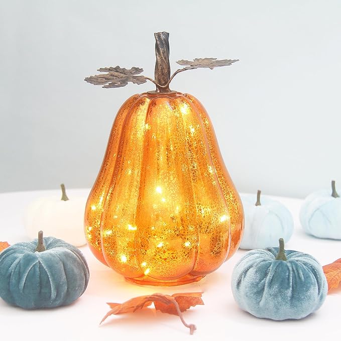Mercury Glass Pumpkin Lights with Timer, Battery Operated Led Pumpkin Lights for Halloween Fall,Thanksgiving Rustic Decor (Gold Leafy, 9")