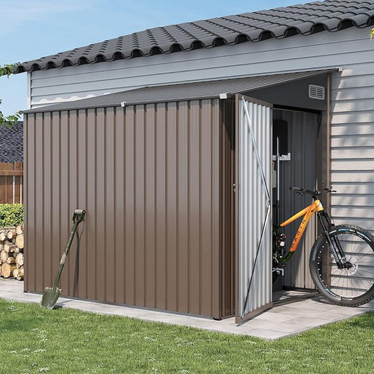7'x5.5' Lean to Shed Galvanized Steel Storage Sheds with Side Door Waterproof Utility Shed with Sloped Roof for Mower, Bike, Garden Tools (Brown)