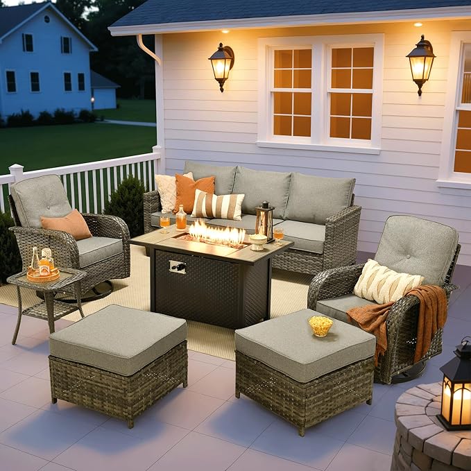 ovios 7 Pieces Patio Furniture Set, Outdoor Wicker Sofa Couch with Rocking Swivel Chairs Fire Pit Table, Modern Deep Seat Rattan Conversation Sets for Porch Deck, Dark Grey