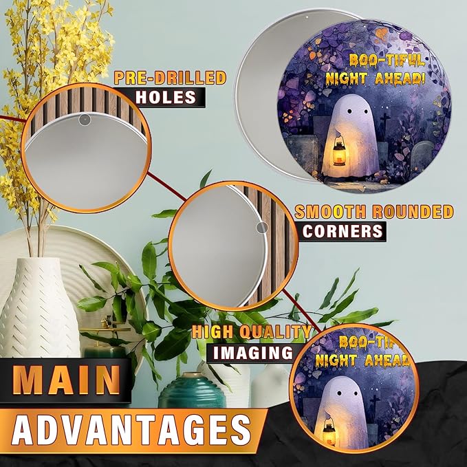 PEACHGARDEN Vintage Bootiful Night Ahead Ghost Metal Tin Sign Halloween Decor Gothic Wall Art Retro Plaque Spooky Home Kitchen Decor 8x8inch