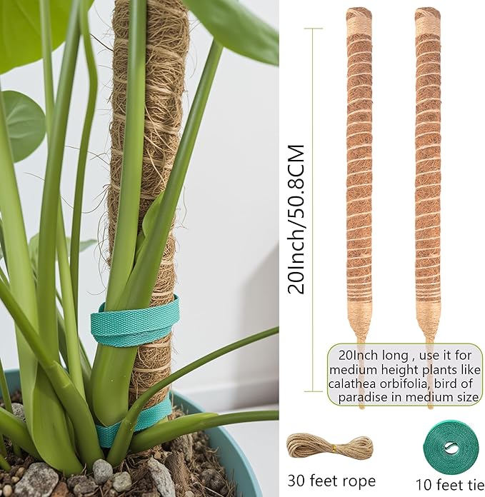 2 Pack Bendable Moss Pole 20 Inch, Monstera Plant Support Stake,Coco Coir Pole Sticks for Indoor Plants,Climbing Potted Plants，Pothos, Philodendron with Plants Ties