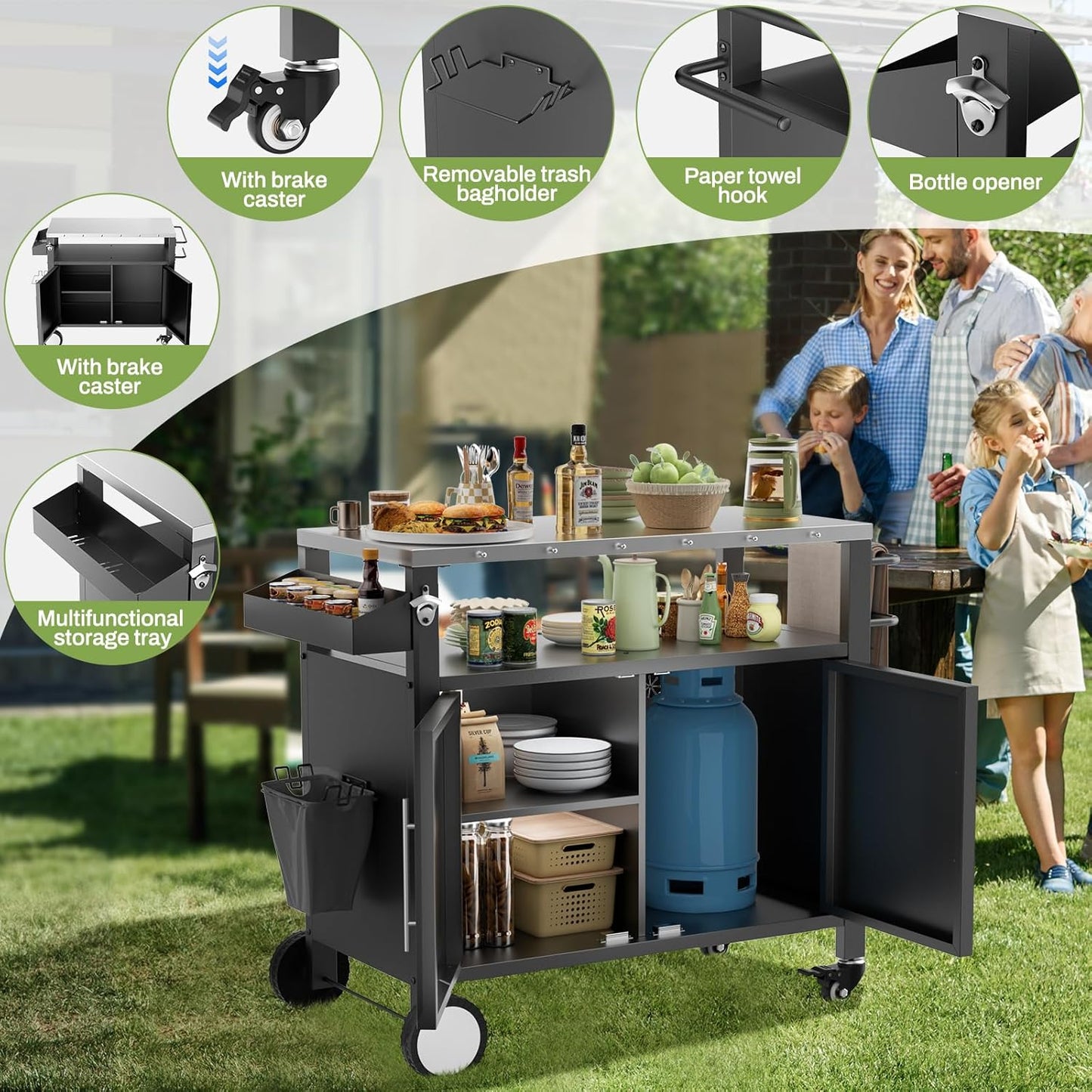 Outdoor Grill Cart with Patio Furniture, Outdoor Grill Table with Storage,Rolling Bar Cart Outdoor BBQ Cart with Hooks and Spice Rack for Grilling Accessories(Double Door, Black)