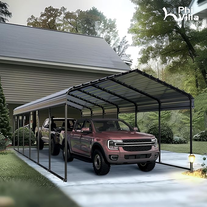 PHI VILLA 12'x30'x8.5 'Metal Carport for 2 Cars, Heavy Duty Car Ports for Heavy Snow, Reinforced Frame, Tall Metal Car Ports for Bass Boats, Full-Sized Pickup Trucks, and Tractors