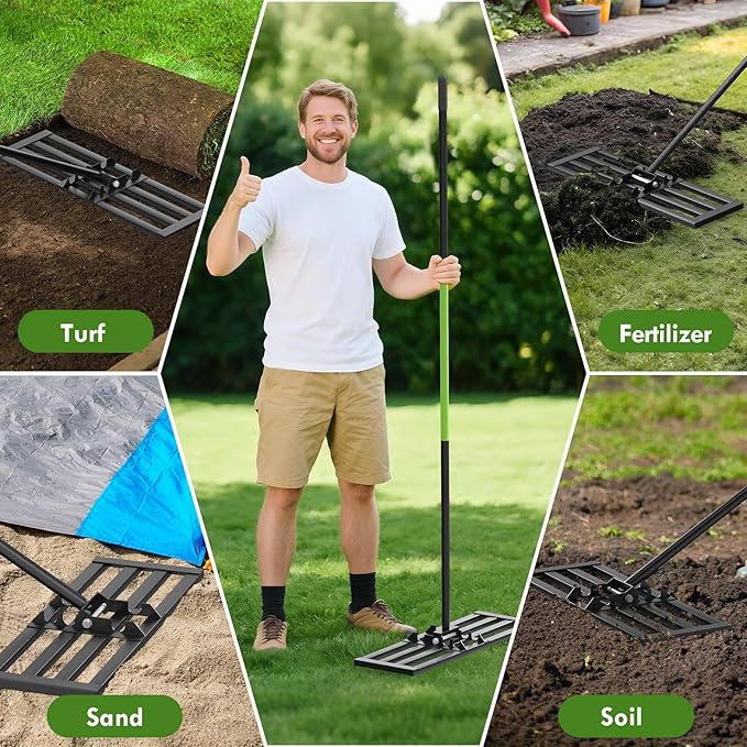 Seeutek Lawn Leveling Rake, 30” x 10” Lawn Leveler with 6.5FT Handle Rakes for Lawns, 0-180° Adjustable Ground Leveler Tool for Yard, Level Soil Sand Dirt Surfaces