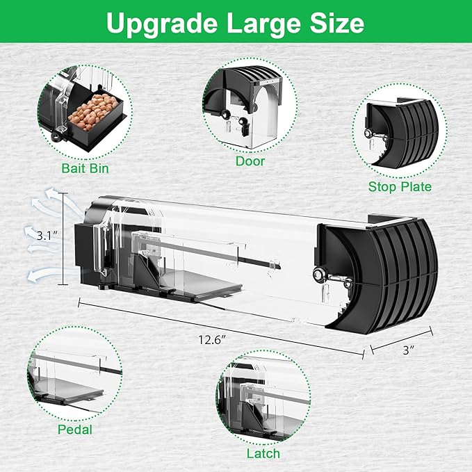 Humane Mouse Traps, 12.6 Inches Enlarged No Kill Live Rat Rodent Traps for Chipmunks, Reusable Catch and Release Mouse Trap That Work for Indoor & Outdoor (2 Pack)