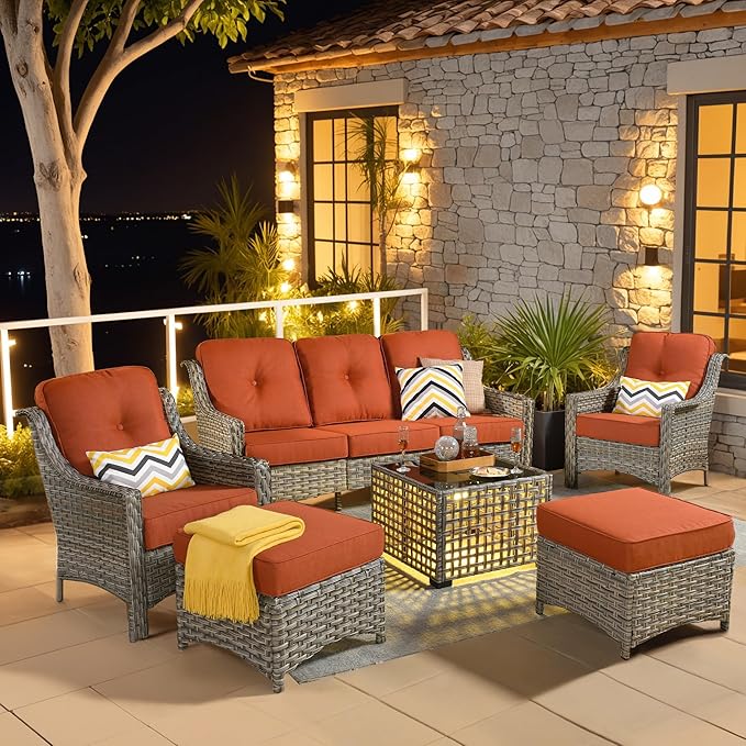 6 Pieces Patio Outdoor Furniture Set,All Weather Wicker Rattan Patio Seating Sofa and Chair Set w/Ottoman and Glowing Coffee Table,Outdoor Conversation Sets for Deck Yard Garden,Red