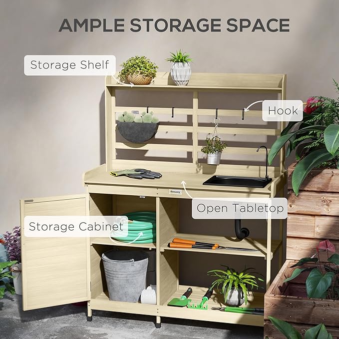 Outsunny Outdoor Wooden Potting Bench Table with Sink and Water Tap, Garden Workstation with Storage Cabinet, Storage Shelves for Backyard, Patio, Balcony, Natural