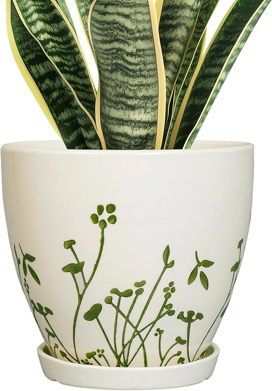 Indoor Plant Pot 8.2 Inch - Ceramic Planter with Drainage Hole and Saucer, Boho Round Decorative Flower Pot for Indoor Outdoor Flowers, Plant Lover Gifts, Office Home Garden Patio Decor, White
