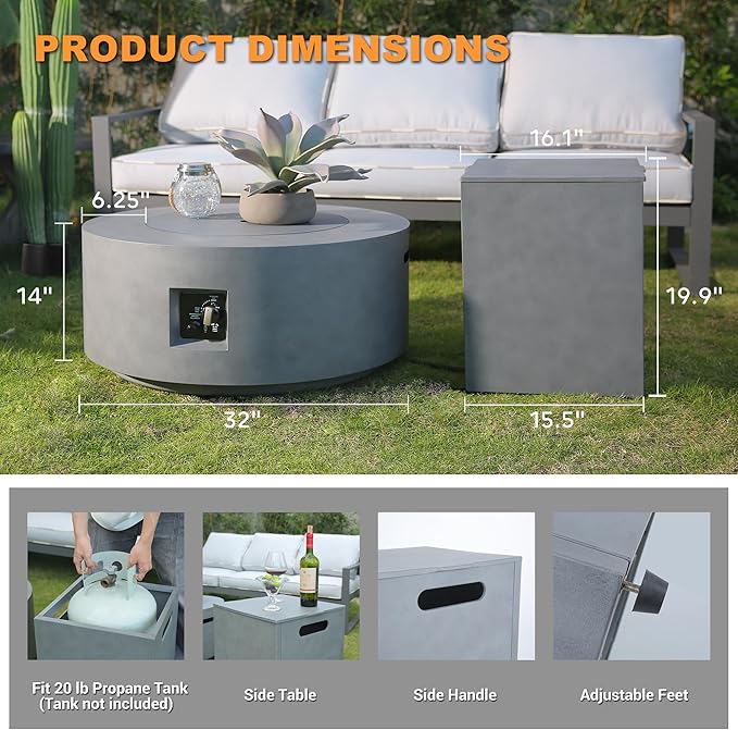 32 Inch Fire Pit Table, 3-Piece Outdoor Propane Fire Pit Table 65,000 BTU Round Gas Firepit, Wind Guard, 16 inches Tank Side Table and Baking Sheet for Garden, Patio, Grey