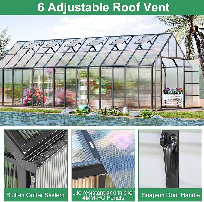 CDCASA 10x28 FT Greenhouse for Outdoors,Large Easy Assembly Thicker Aluminum Polycarbonate Greenhouses w/6 Windows, Double Door, Walk-in Green House for Outside,Patio,Backyard,Garden