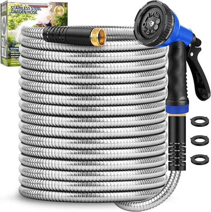 Garden Hose 25ft, Stainless Steel Metal Water Hose with 10 Function Nozzle, Lightweight Hose, No Kink, Leak-proof, Puncture Resistant for Yard, Outdoor, RV