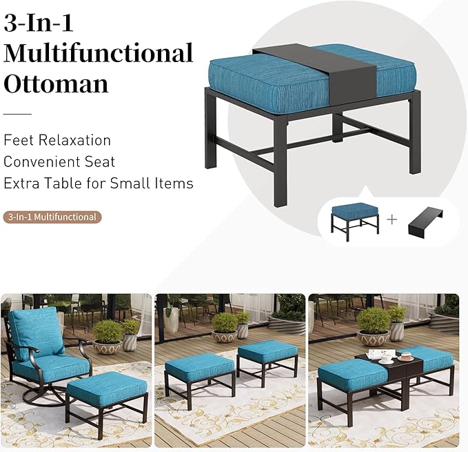 6 Piece Metal Outdoor Patio Furniture Set, Patio Conversation Sets 3-seater Sofa, 2 Swivel Chair, 2 Ottomans with 5.75" Thick Cushion and Coffee Table, Black Backyard Furniture, Blue-2