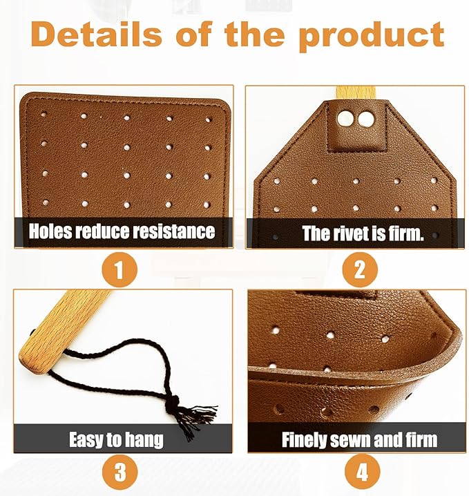 Heavy Duty Leather Fly Swatter, Long Handle Fly Swatter with Beech Wood Handle 19.7" Length, Flyswatter for Indoor and Outdoor (Brown)