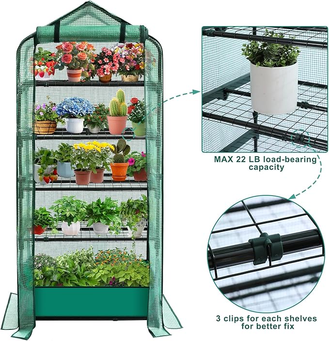 Mini Greenhouse for Indoor Outdoor, 5 Tier Shelves Rack Small Green House Heavy Duty with Waterproof Mat, Portable Plants Seedling Supplies Durable PE Plastic Cover with Tape, Gardening Gifts
