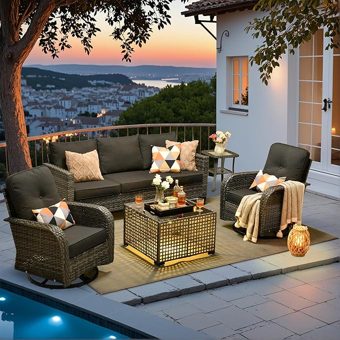 HOOOWOOO Outdoor Patio Furniture Set,5 Pieces Wicker Conversation Set,All Weather Couch Set with Swivel Chairs Solar Light Table 5 Seaters for Out Door Yard(Black)