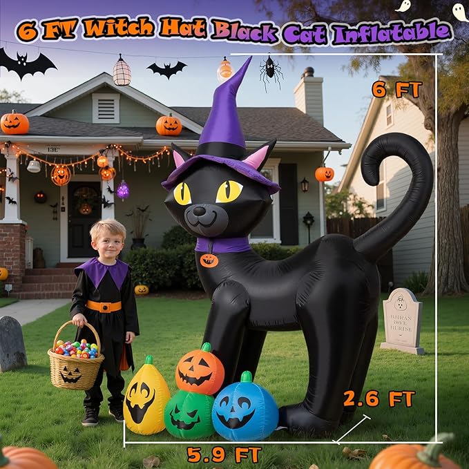 6FT Halloween Inflatable Black Cat with Witch Hat and 4 Colorful Pumpkins, Cute Blow Up Yard Decoration with LED Lights for Lawn, Garden, Balcony, Outdoor Holiday Party Events