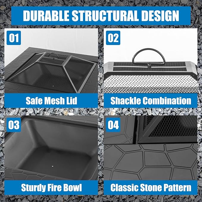 Multifunctional Fire Pit Table 32 inch Square Metal Firepit Stove Backyard Patio Garden Fireplace for Camping, Outdoor Heating, Bonfire and Picnic