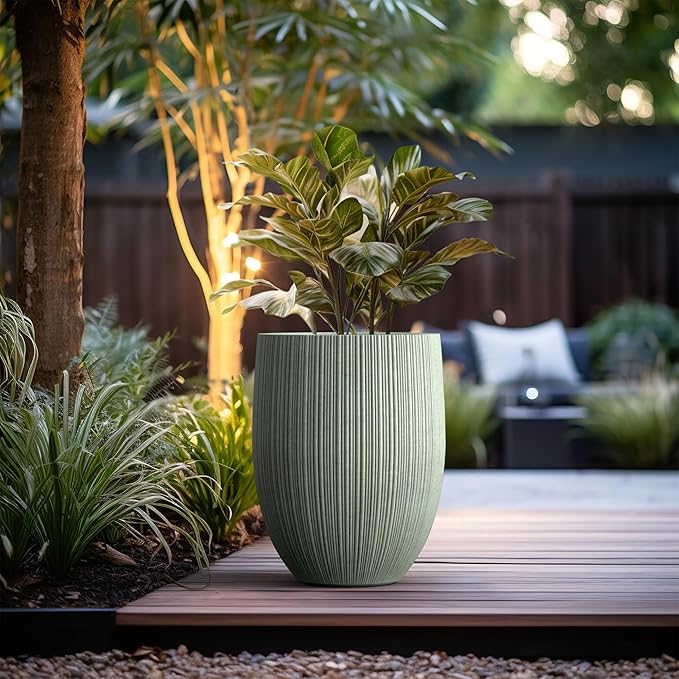 Kante Round Fluted Concrete Planter, 16.9-Inch Dia Barrel-Style Pot with Drainage Hole, Mint Green Finish with Warm Brown Interior, 13.7" Opening, for Indoor and Outdoor Use