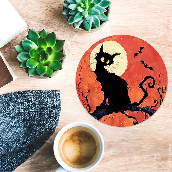 PEACHGARDEN Vintage Halloween Black Cat Round Tin Sign Gothic Decor Wall Art Metal Plaque 8x8inch