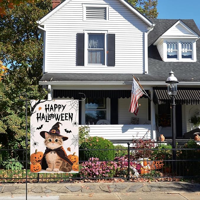 Happy Halloween Small Garden Flag, 12x18 Inch Pumpkin Cat Halloween Party Supplies, Outdoor Linen Double-Sided Yard Funny Flags Decoration