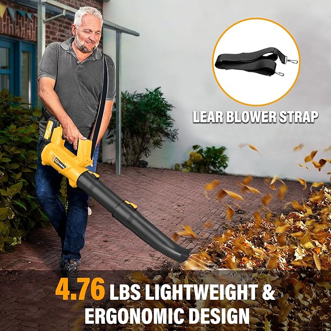 Cordless Leaf Blower with Battery and Charger，540 CFM/170 MPH,Battery Powered with 2 x 6.0Ah Batteries,6-Speed & Turbo Mode,Lightweight for Lawn Care,Patio,Leaves,Dust,and Snow Removal,Yellow