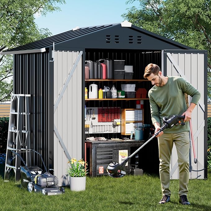 COMHOMA Shed Outdoor Storage Shed Metal,Lockable Doors Tool Sheds with Sloping Roof,Steel Garden Shed with Air Vent for Backyard,Patio,Lawn,Poolside (Dark Grey, 6x4)