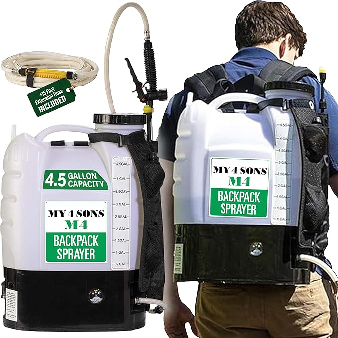 Backpack Sprayer - MY4SONS M4 4-Gallon Battery Powered – Electric Sprayer for Lawn, Garden, Yard, Plants, Watering, Long Range, Portable Pump, Adjustable Nozzle - 15ft Extension Hose